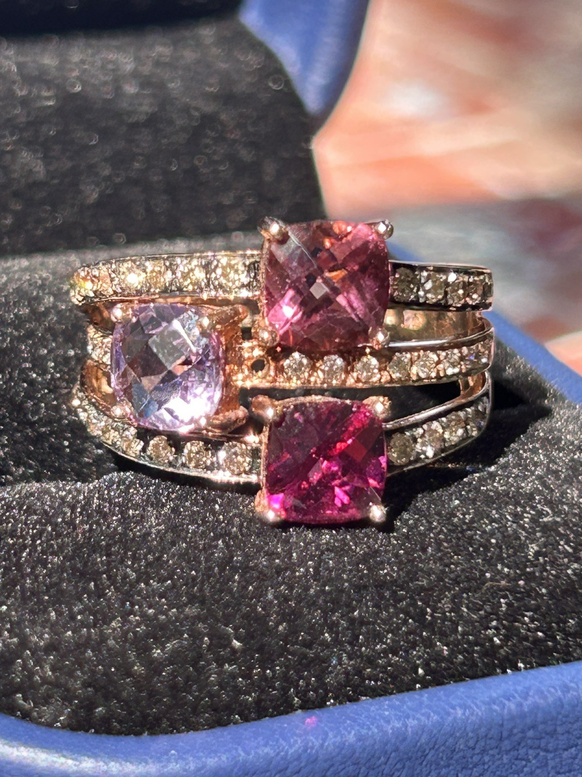 Levian 14K Rose Gold Tourmaline, Rhodolite, Amethyst White & Chocolate Diam Rin