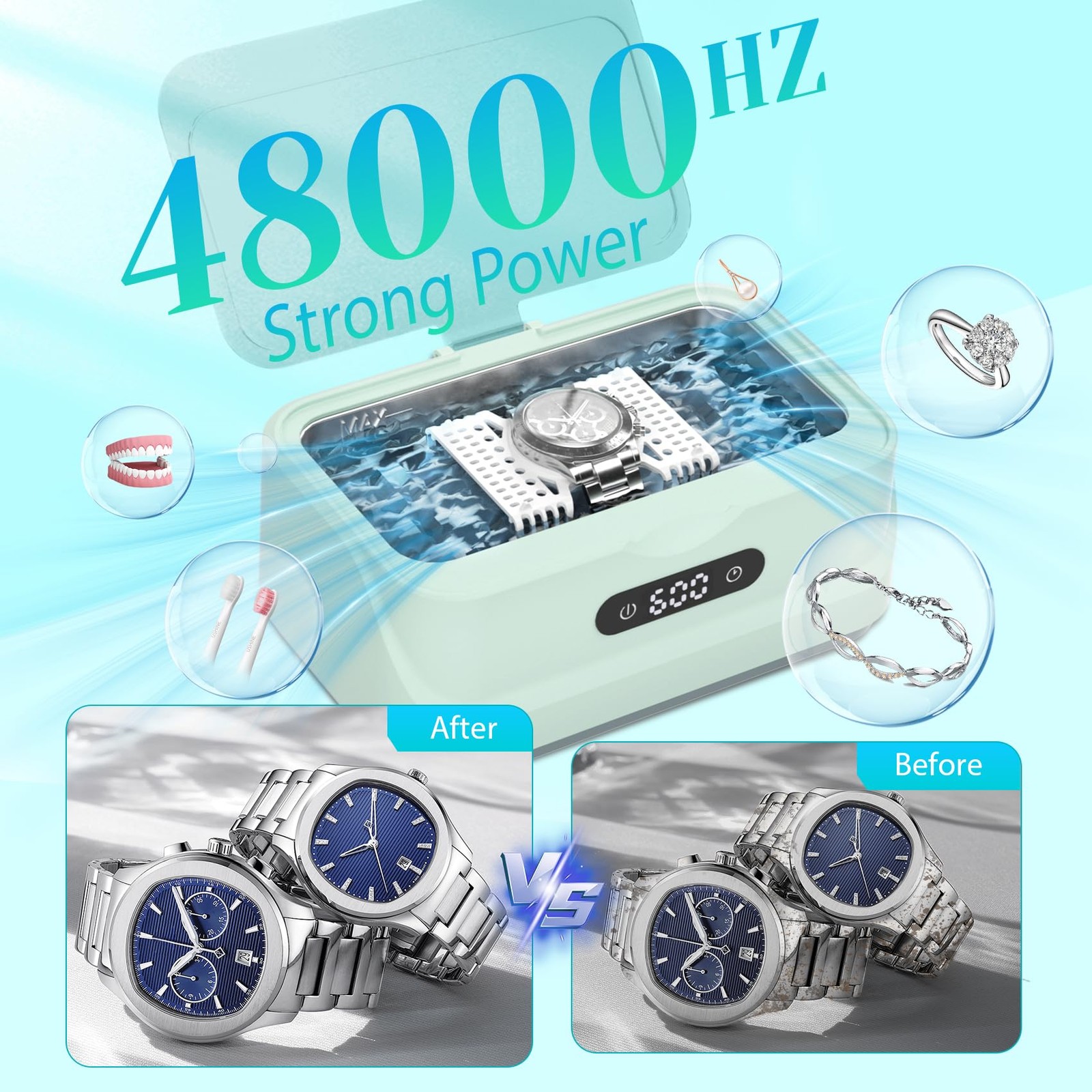 Ultrasonic Jewelry Cleaner, 48Khz Sonic Cleaner for Home Travel