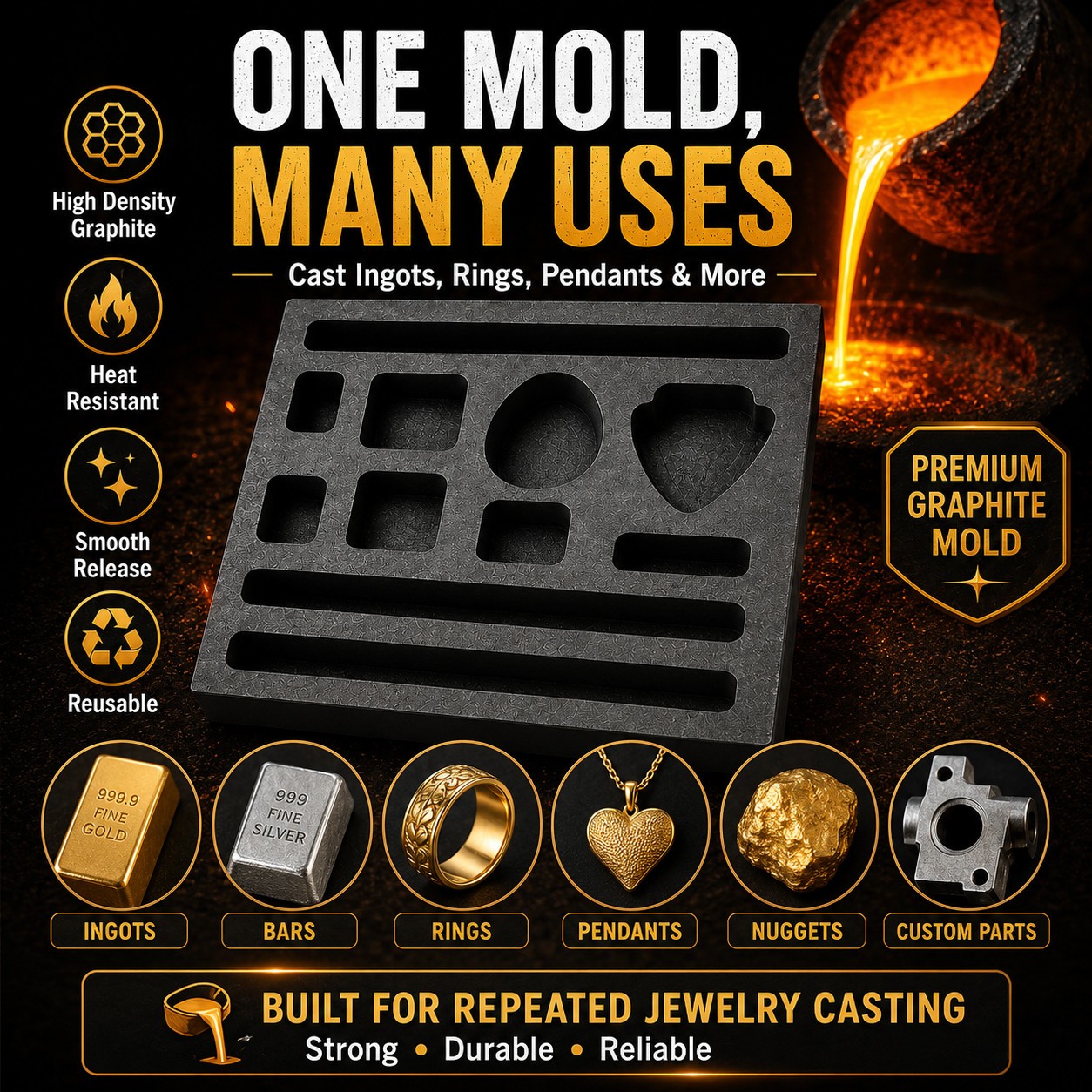 Graphite Ingot Mold 4x4in 11 Cavities Gold Bar Coin Scrap Refining Casting Tool