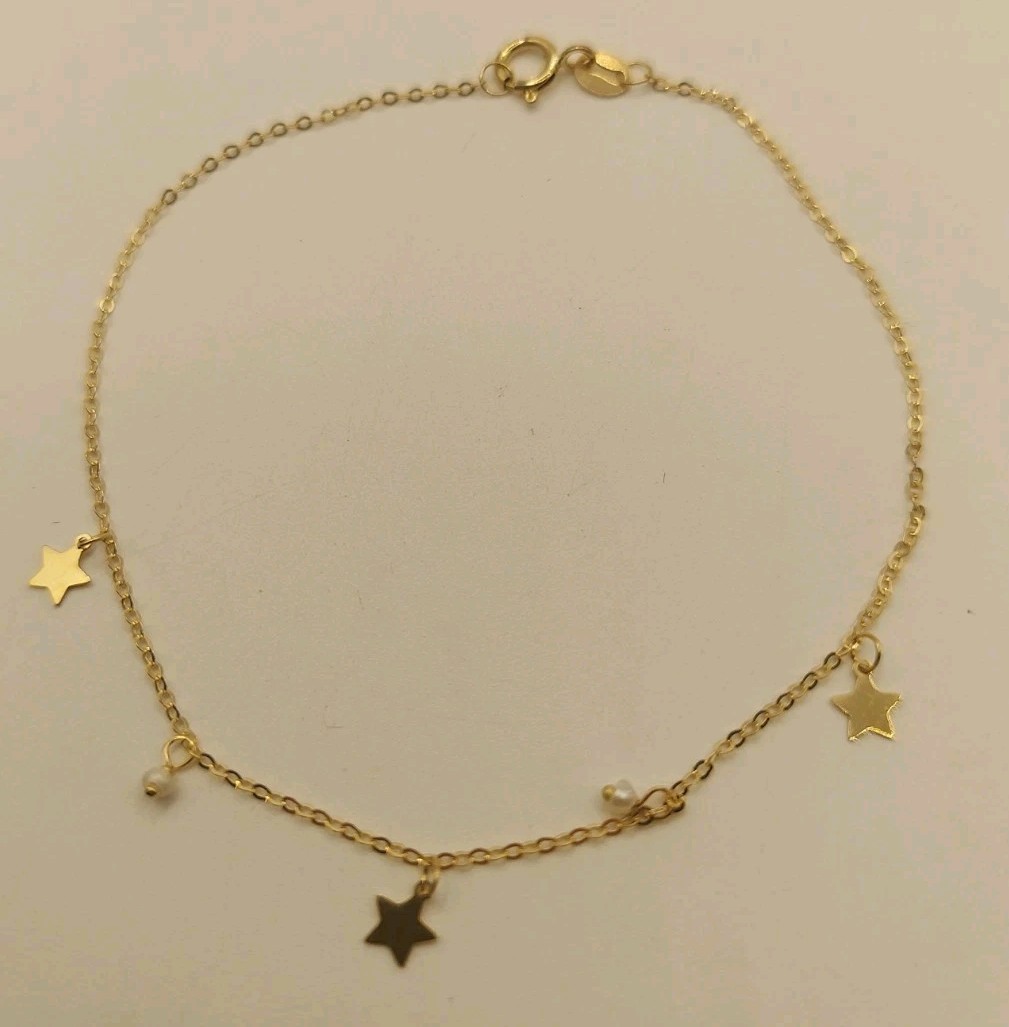 10K Gold Italy Golden Clef Star Charm Bracelet Tiny Pearl Accents 6.75” New