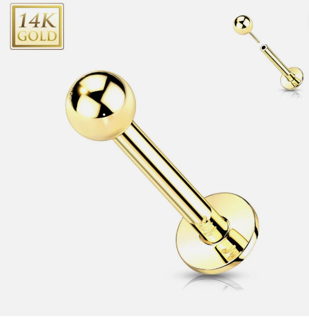 14K GOLD 16G 1/4″ Threadless Push In 3MM BALL LIP LABRET EAR TRAGUS STUD RING