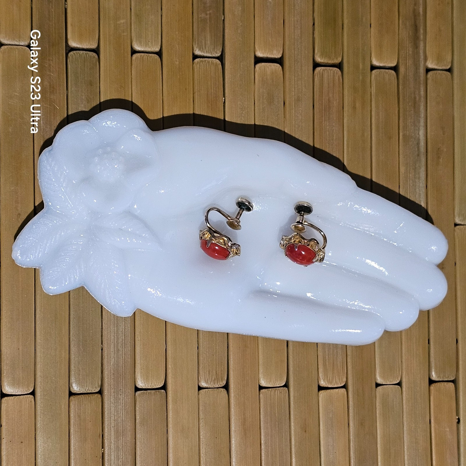 SORRENTO Coral Cabochon Earrings 1/20 12K GF Oval Bezel & Prong Set Screwback