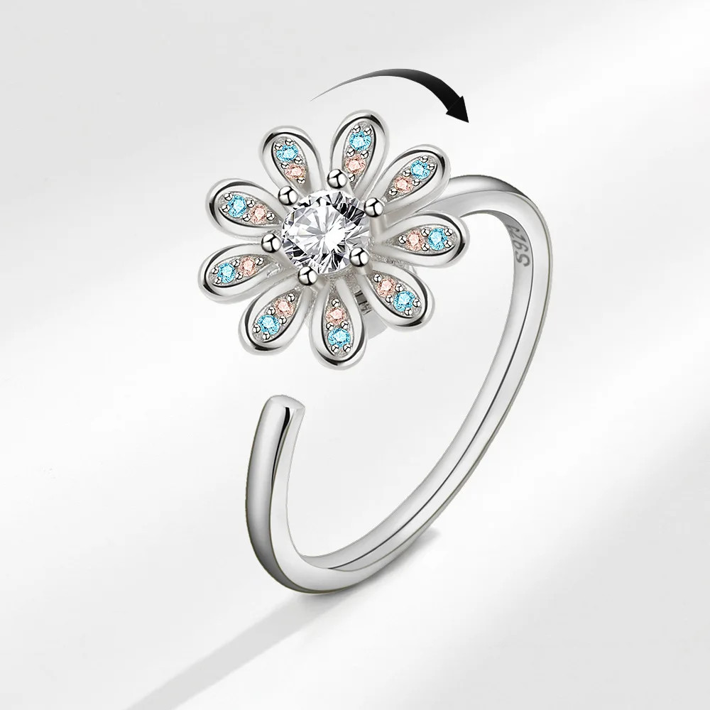 Sterling Silver Sunflower Diamond Zircon Rotatable Ring For Women