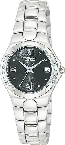 Citizen Eco-Drive EW0240-53H 12 Diamonds Silver Tone Black Dial Womens Watch