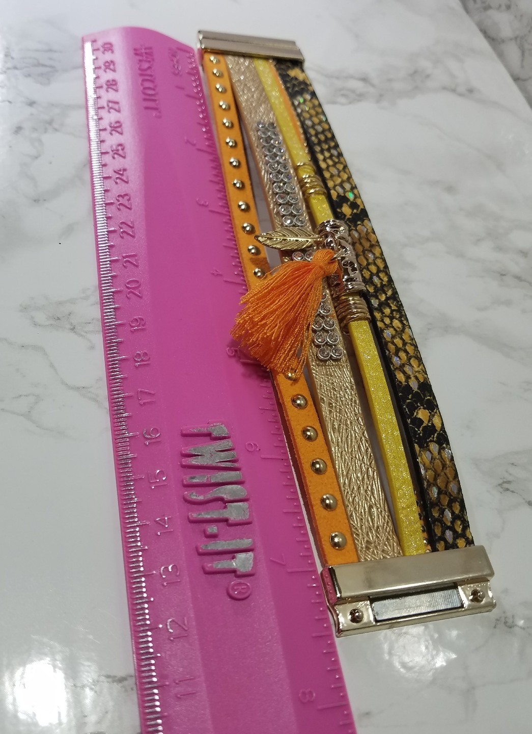 Wellmore Orange Snake Print Leaf Charm Tassel Leather Bracelet 19cm/7.5 inches