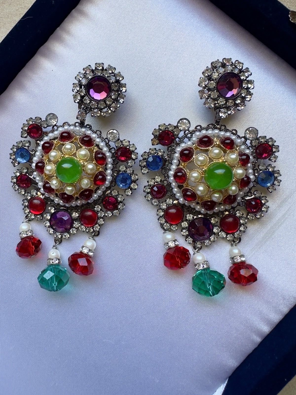 Vintage Lawrence VRBA Earrings Rainbow Multicolored Stones Pearls Crystal Beads