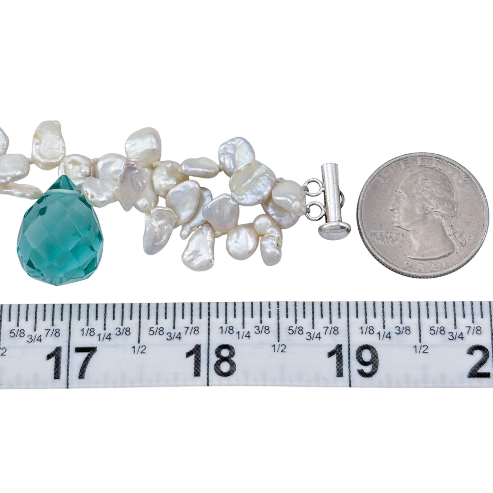 Vintage Sterling Silver 925 Pearl Teal Faceted Crystal Prism Necklace 19″