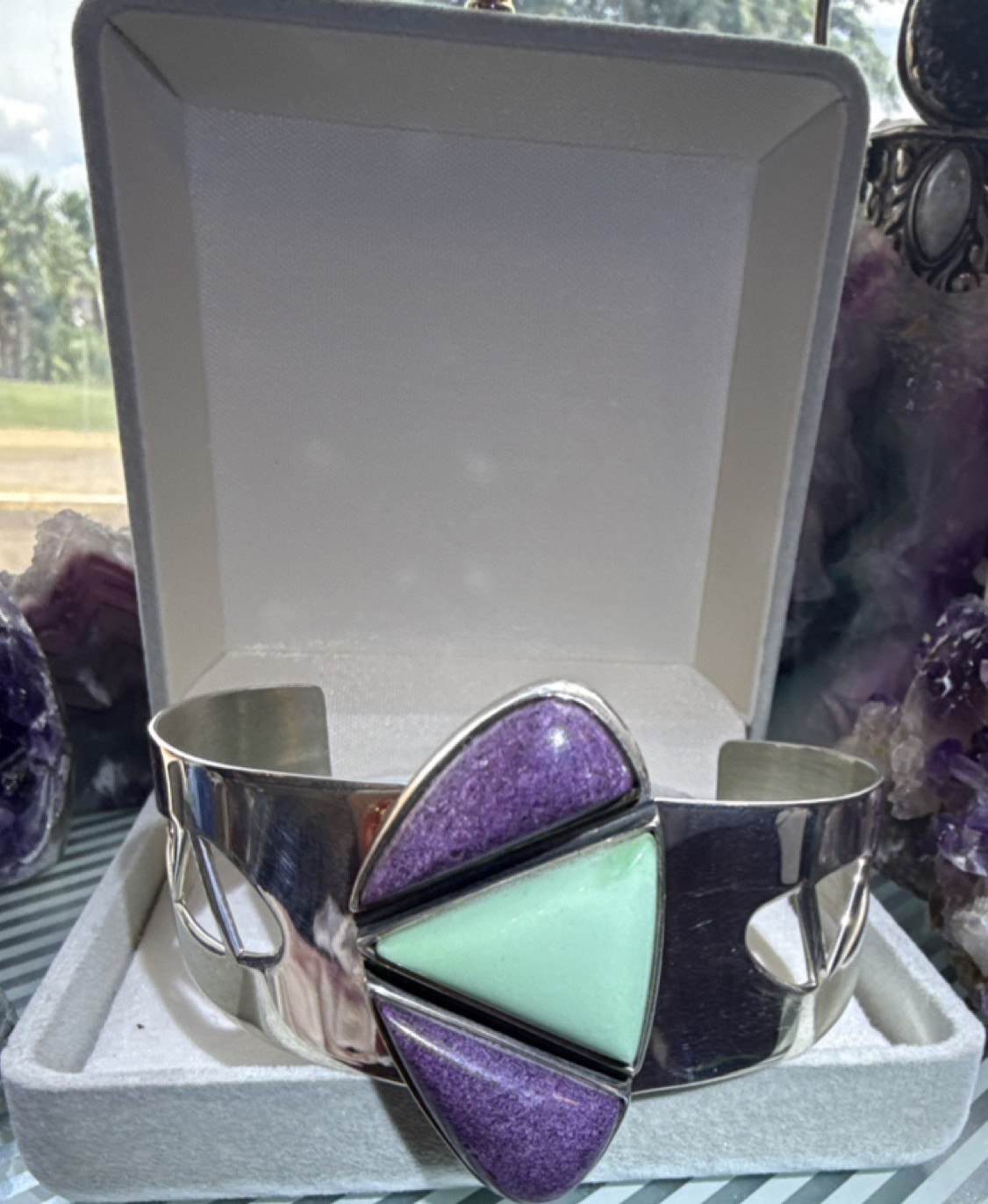 DR Sterling Silver .925 sugilite and sleeping beauty Stone Inlay Cuff Bracelet