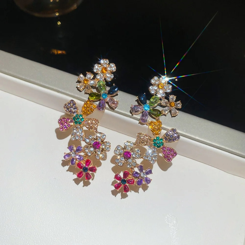 Geometry Colored Zircon Flower Necklace Earrings Women’s Trendy Fashion Jewelry