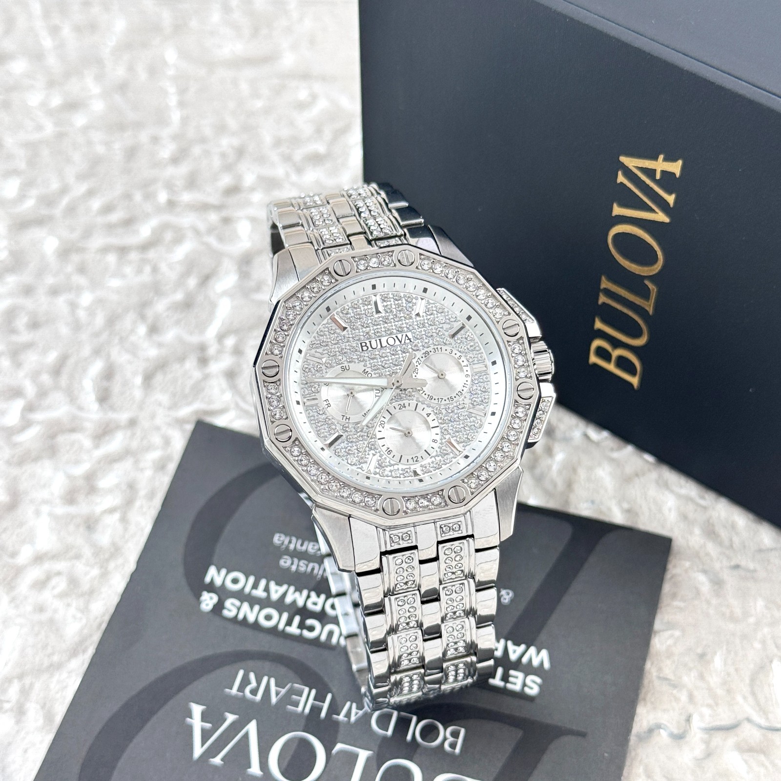 Bulova Octava Silver Pave Crystal Men’s Quartz Chronograph Watch 96C134