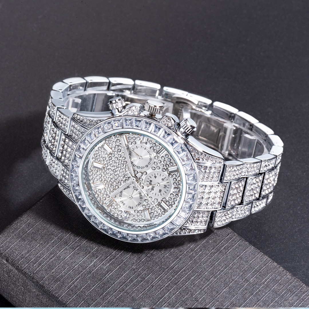 Hip Hop Luxury Silver Ice out Men’s Watch Iced King Bling Waterproof Cz Diamond