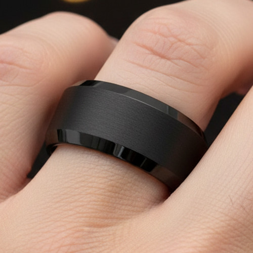 10mm Black Tungsten Men’s Wide Band with Brushed Center and Polished Bevels