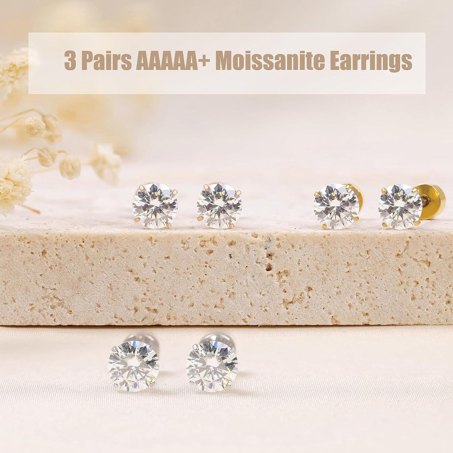 Moissanite Stud Earrings, 3 Pairs Titanium Screw Back Earring, D Color VVS1 Clar