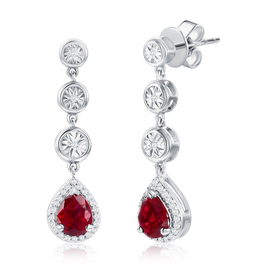 Sterling Silver Lab-Grown 0.71ct Ruby & 0.09ct Natural Earrings Rhodium Plated