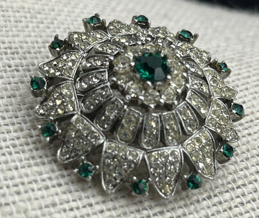Vintage R.Mandle w/Crown Dome Brooch With Emerald Green and Clear Rhinestones