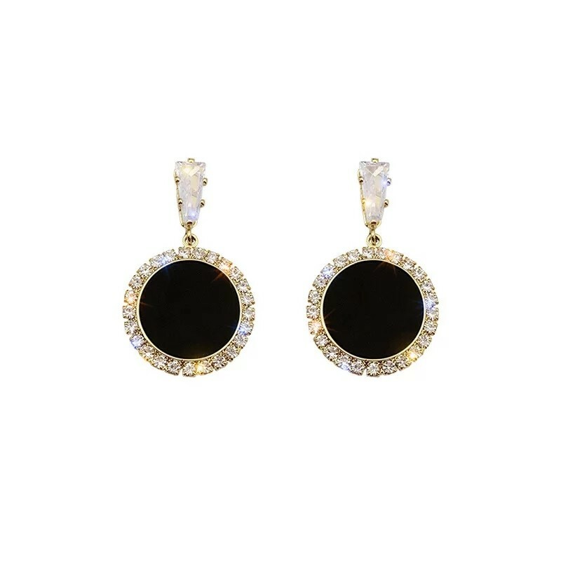 S925 Silver Needle Korean Black Round Rhinestone Earrings Ear New Fashion