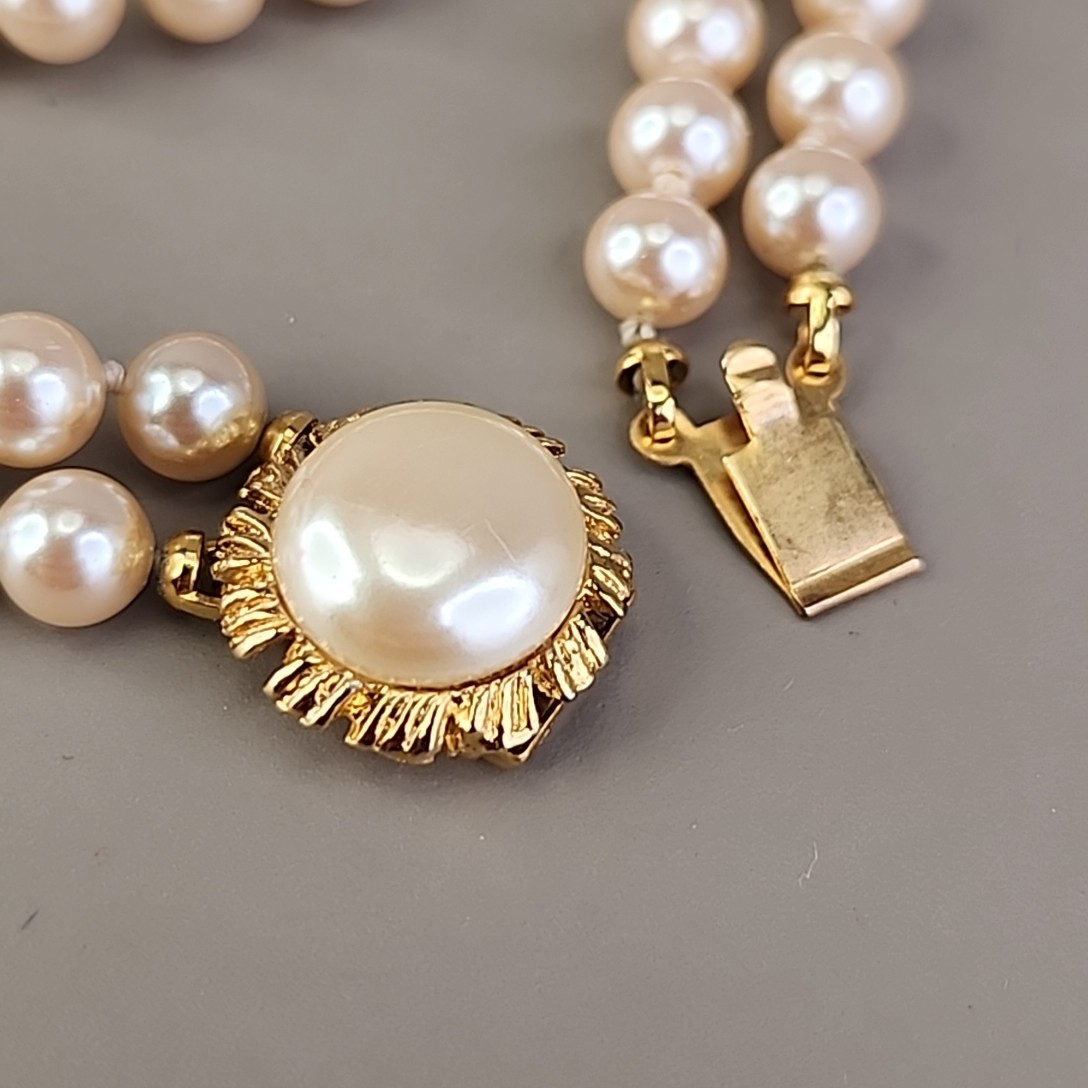 Vintage Faux Pearl Beaded Bracelet Two Strand Cream Knotted Push Lock 7″