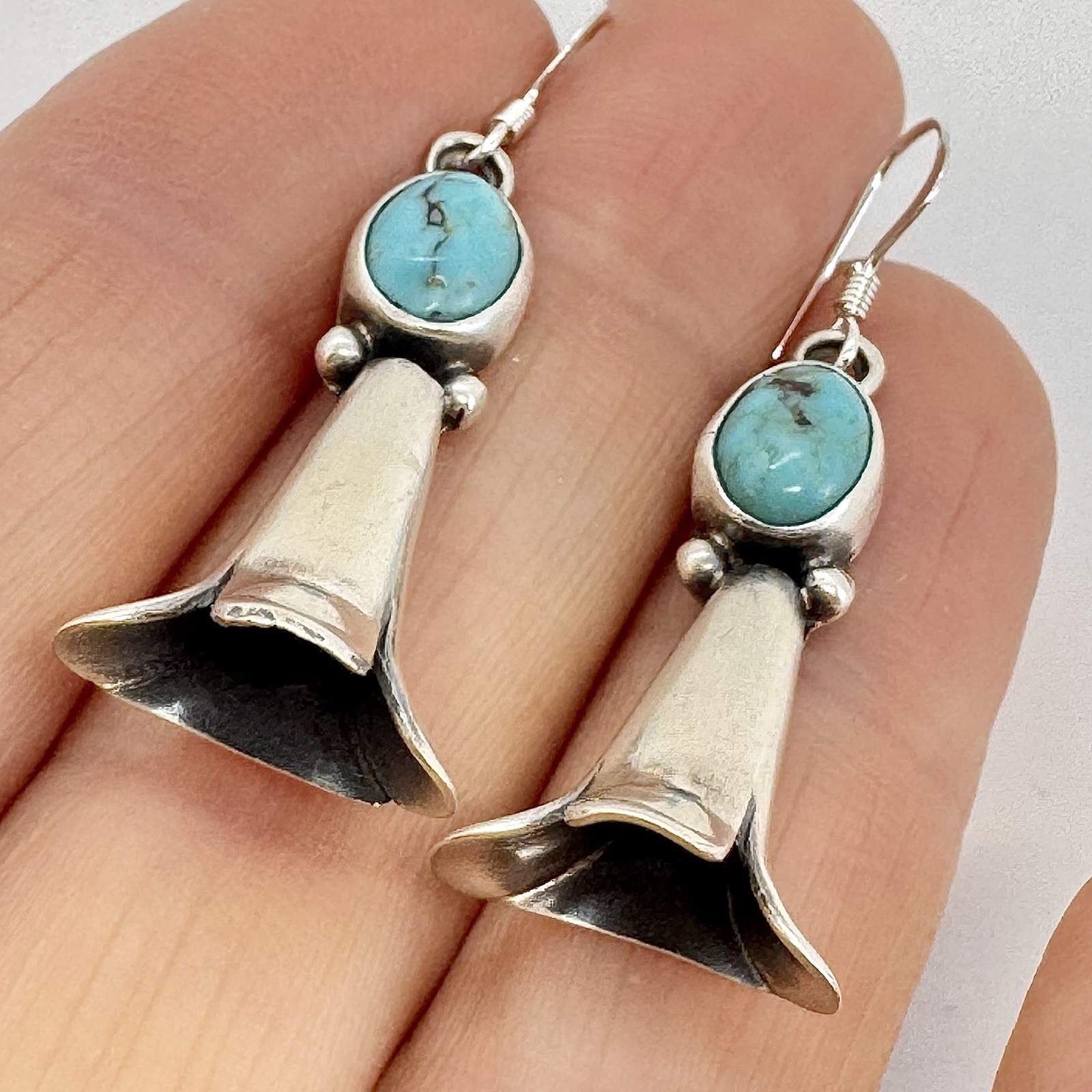 Navajo Turquoise Squash Blossom Dangle Earrings Sterling 1 5/10″ by R Martinez