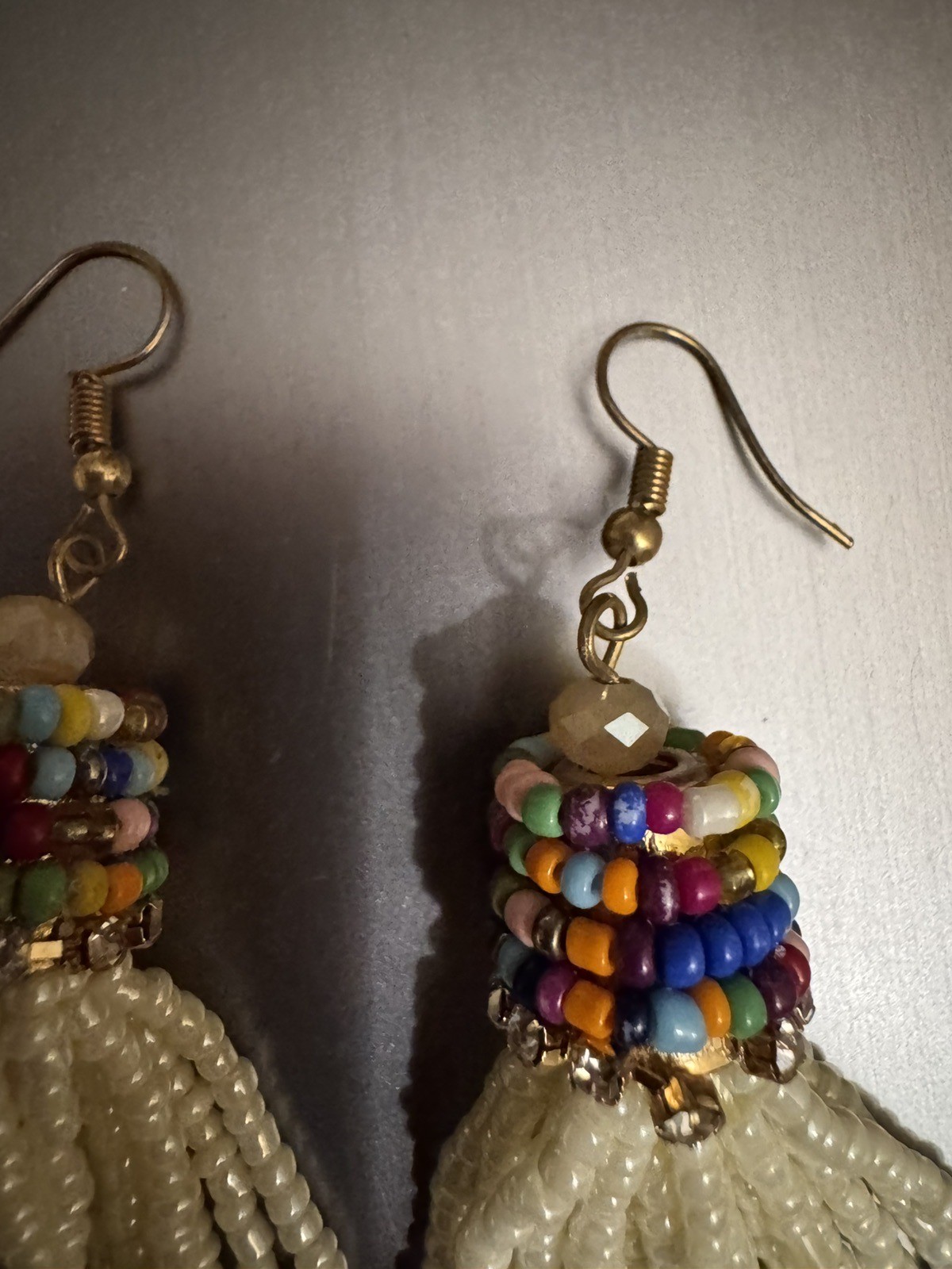 Multicolor & White Two Tone Color Block Seed Bead Tassel Dangle Earrings
