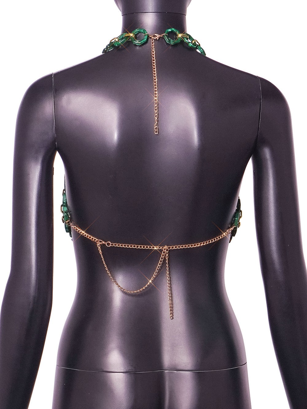 Hot Women Green Chest Rhinestone Vest Luxury Circle Body Chain Street Party