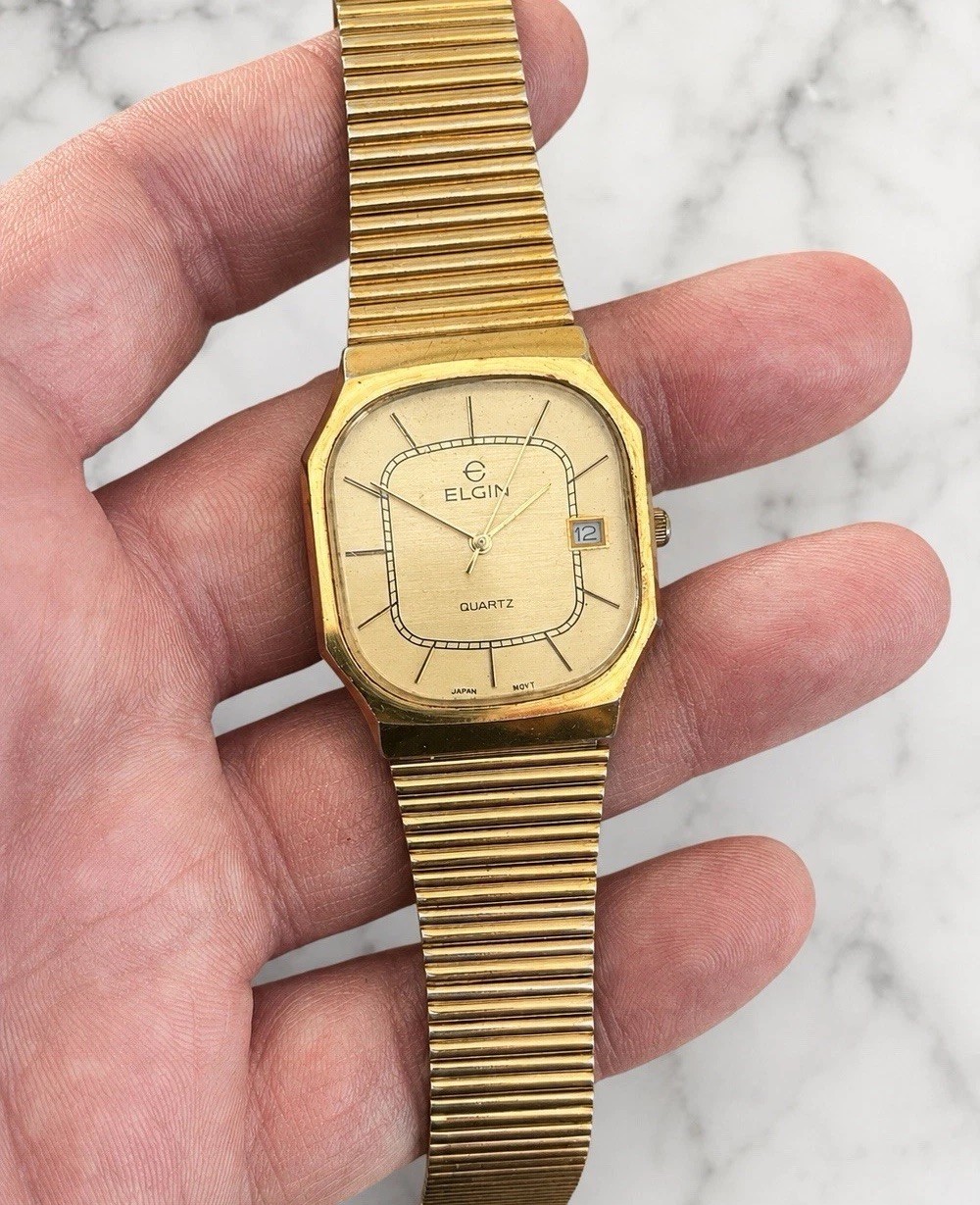 💙 RUNS GREAT! Neo Vintage 1980s ELGIN Nautellipse Gold Tone Quartz Watch