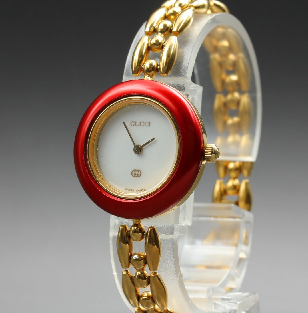 [Exc+5] Vintage Gucci 1100L Change Bezel Red Gold Bangle Quartz Women’s Watch