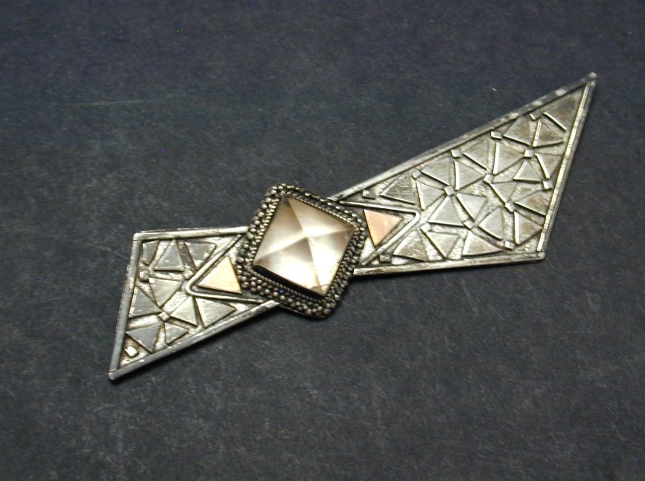 Vtg MCM Studio Modernist Sterling Copper Textured Quartz? Bow Brooch Pin Silver