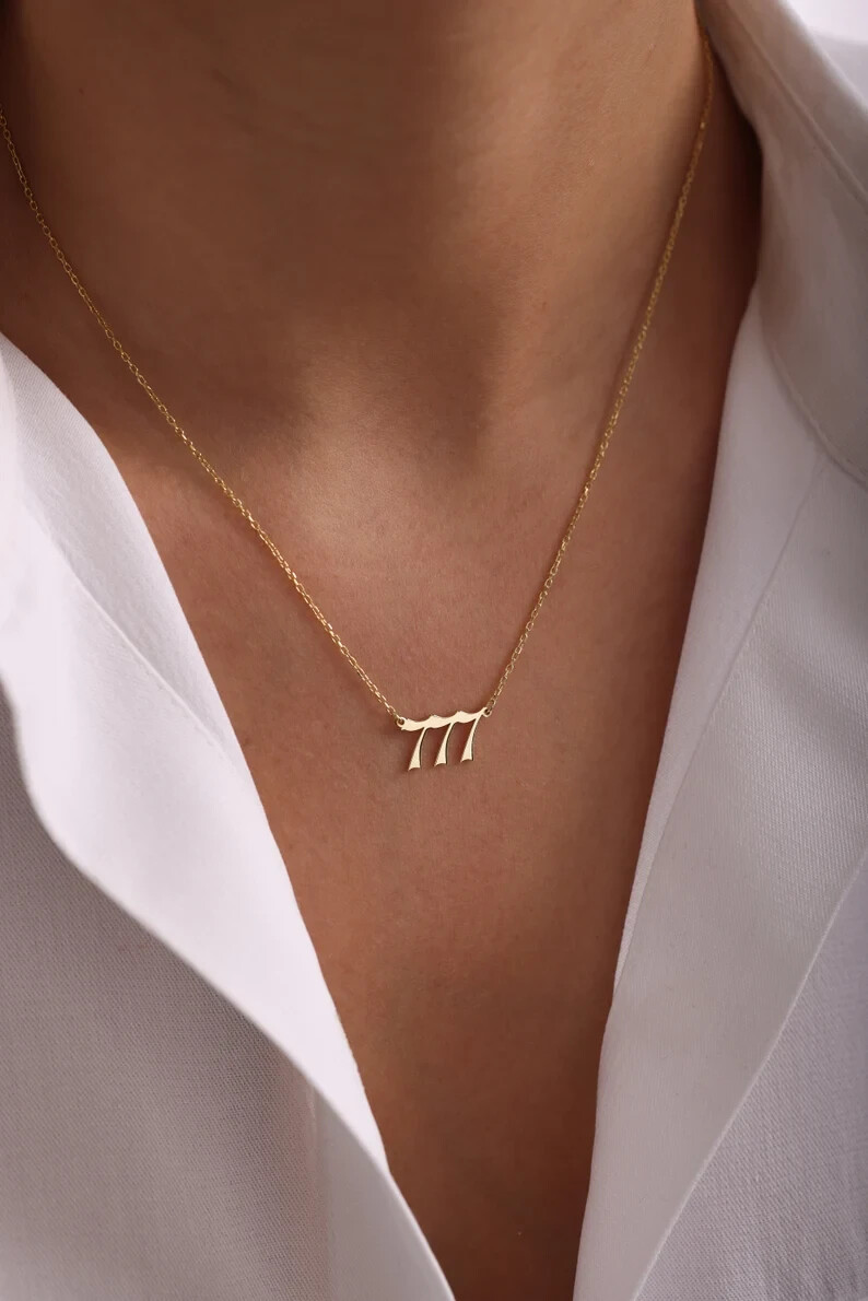 777 Angel Number Pendant Lucky Necklace Gift for Her 14k Yellow Gold Finish