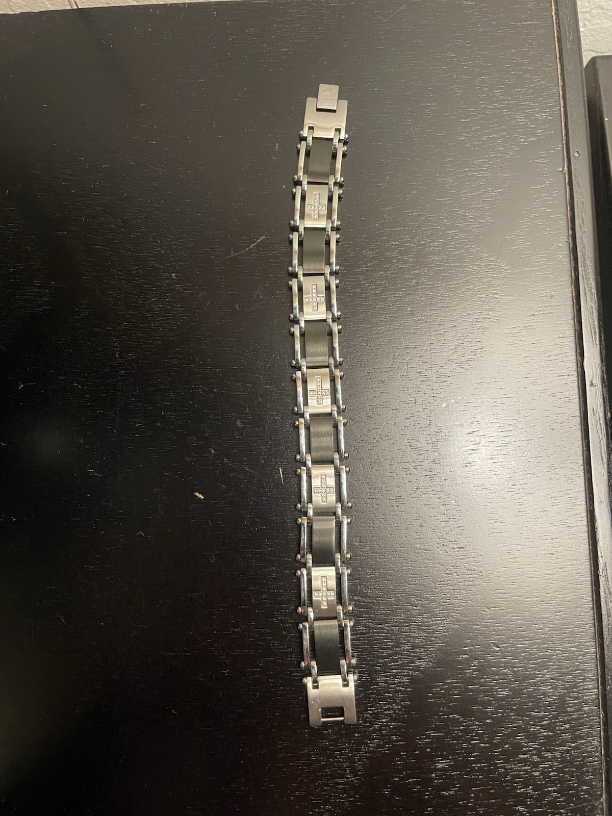 Stainless Steel Black & Silver Bar Link Chain Bracelet Fold Over Clasp