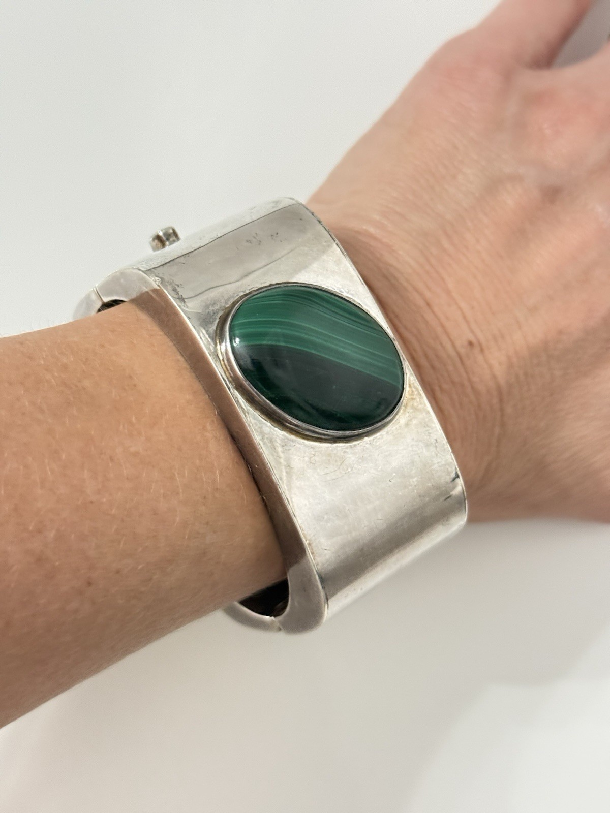 TAXCO Mexico TS-30 Signed Sterling Silver Malachite Chunky Square Bracelet 108g