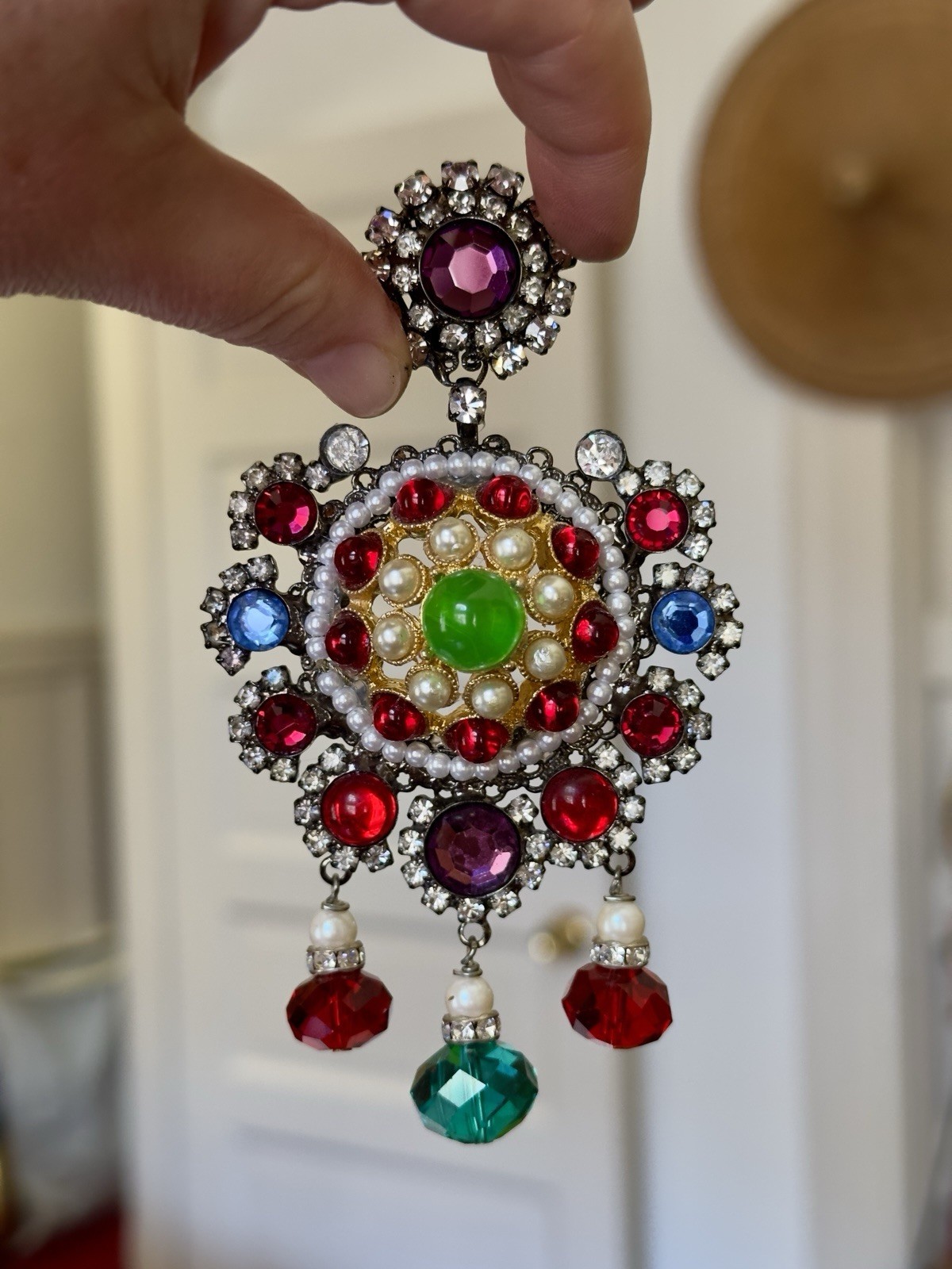 Vintage Lawrence VRBA Earrings Rainbow Multicolored Stones Pearls Crystal Beads