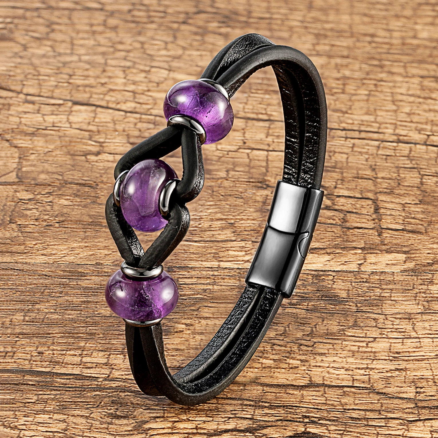 Round Natural Amethyst Crystal Stone Bracelet Women Charm Black Double