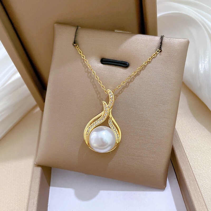 Gold Fishtail White Pearl Rhinestone Necklace Stainless Steel Big Faux Pearl New