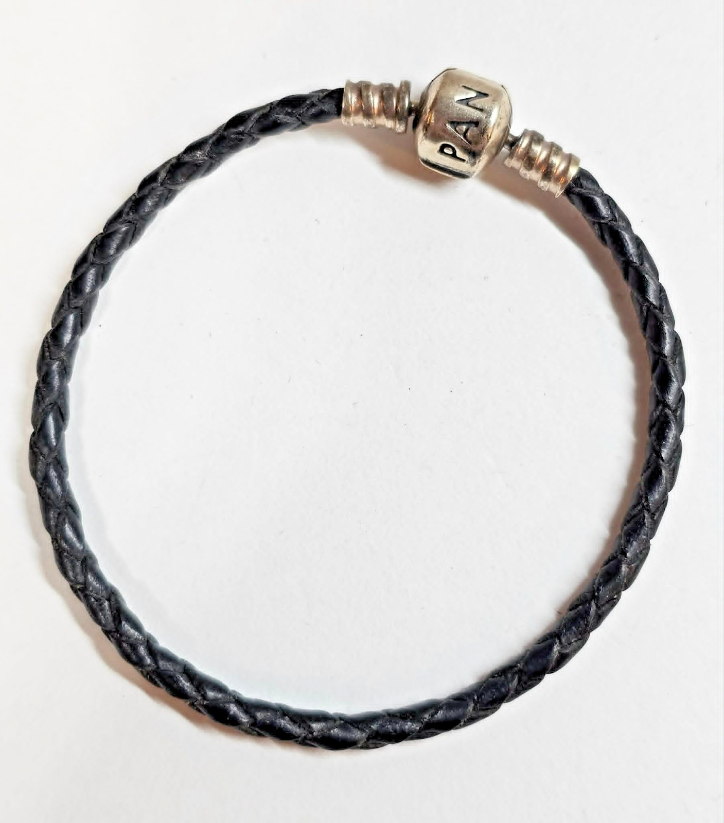 925 Sterling Silver ALE Pandora w/ Single Black Leather Bracelet 6 1/2in- S118