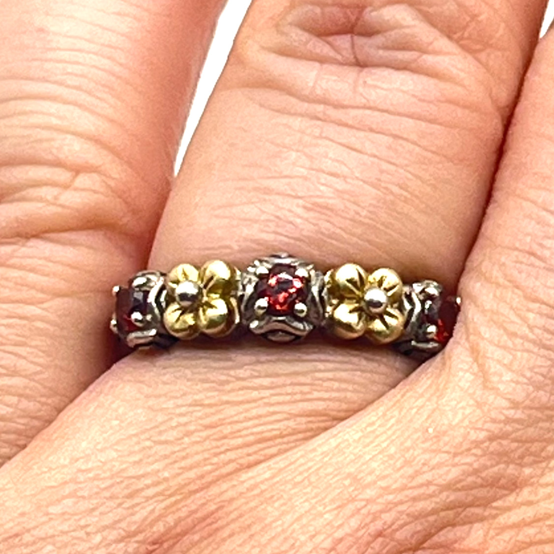 Barbara Bixby Band Ring Sz 8 Garnet and 18k Lotus Flower Accents Sterling 925
