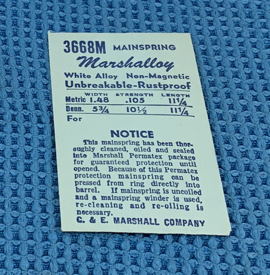 3668M MARSHALLOY Mainspring (5.75 X 10.5 X 11.25) Part # 57105K. New Old Stock.