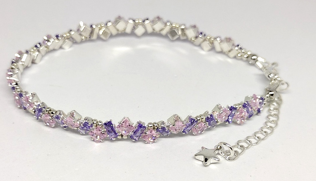 7-inch Bracelet Angle Stack – 3mm Pink SQUARE-2x4mm Purple Rectangle Prong-Set