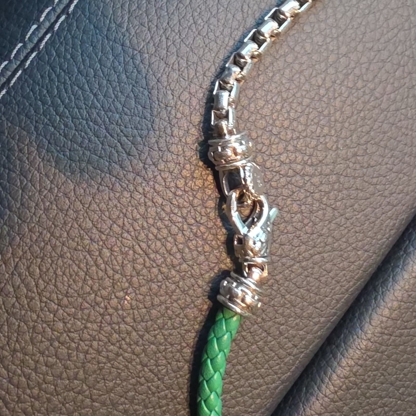 John Hardy Green Leather Bracelet Silver Box Chain Lobster Clasp