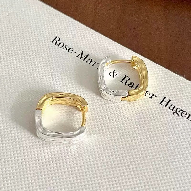 Two Tone Hammered Hoop Earrings 925 Silver Gold Silver Huggie Earrings 318