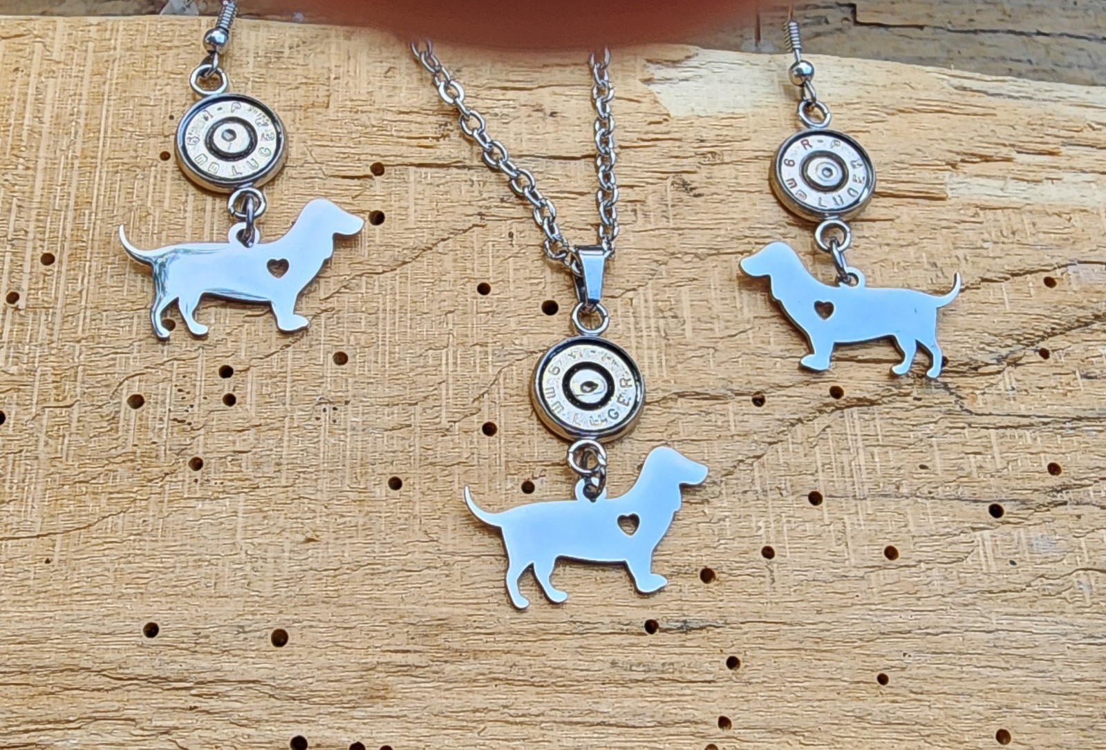 Stainless Dachshund Dog Bullet Necklace and Earrings. Optional Crystals.