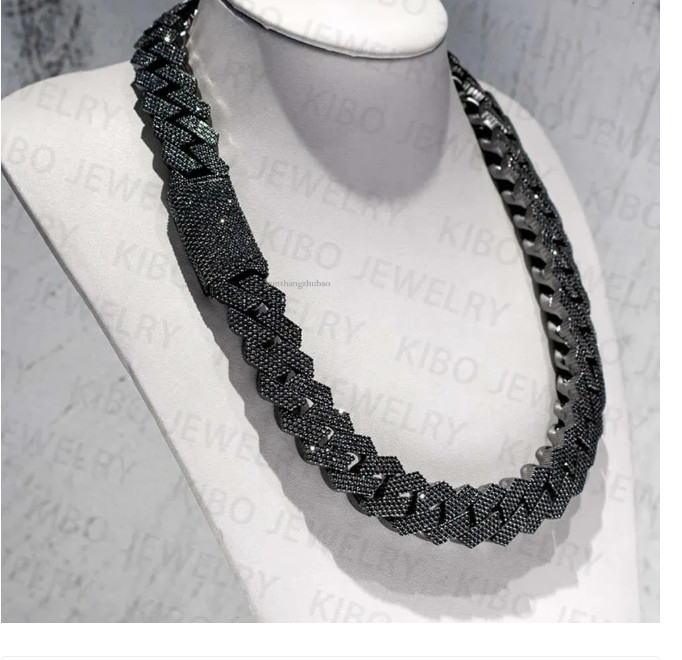 BLACK MOISSANITE 20mm Real Miami Cuban Link Prong Chain Iced Silver Necklace