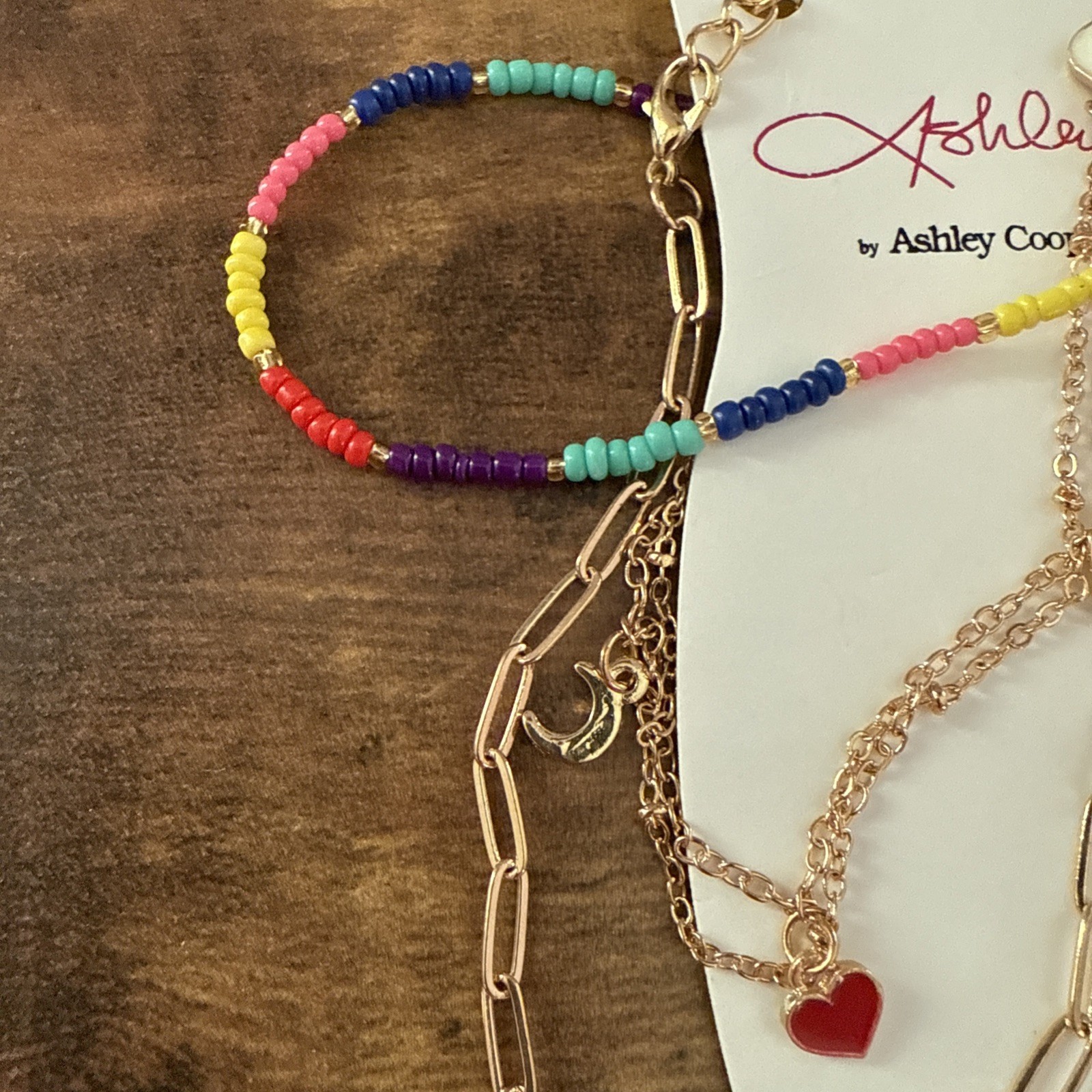 NEW Ashley Cooper 3 Pc Anklet Colorful Beads And Gold Chains