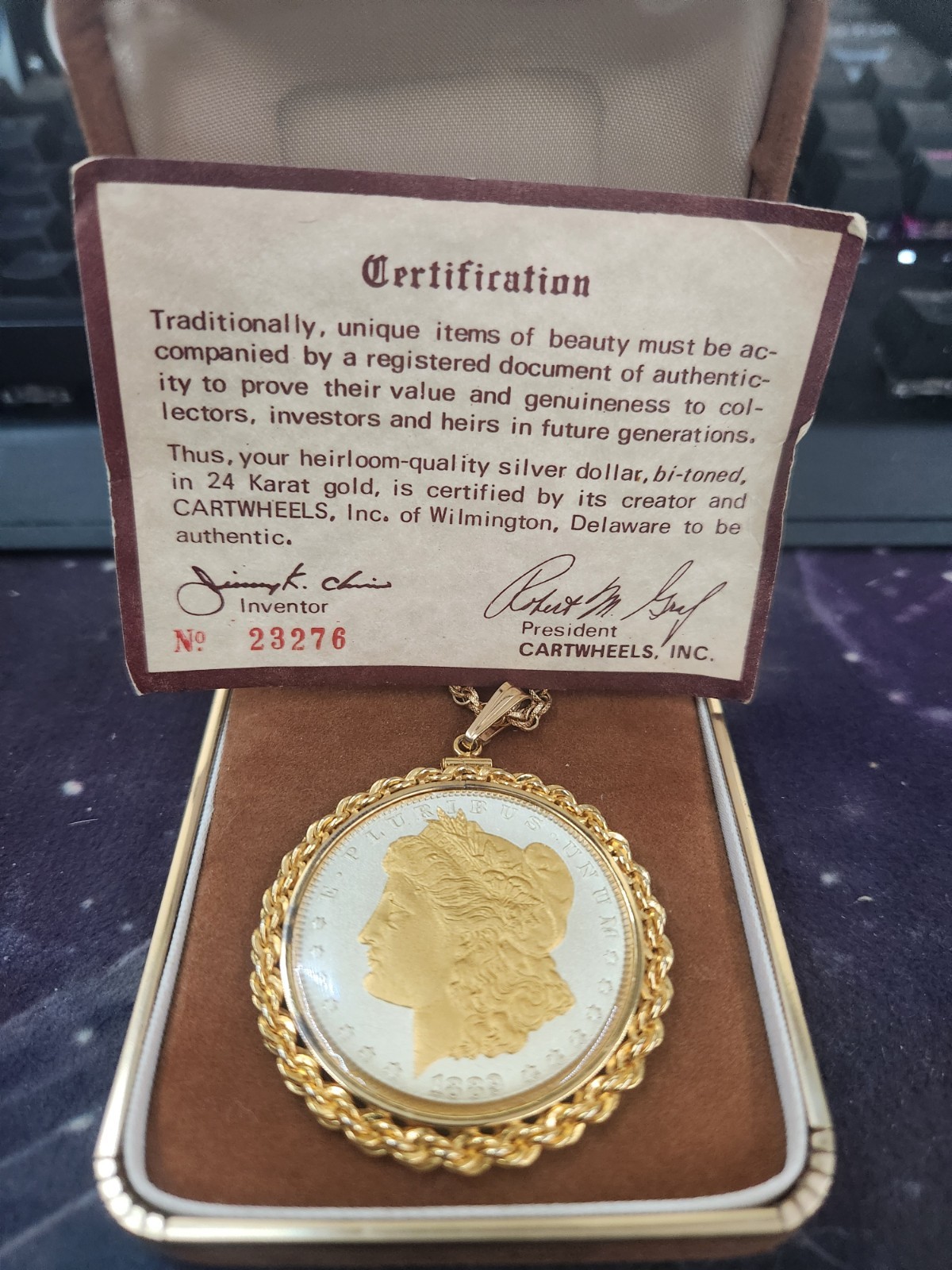 1889 cartwheel gilded Morgan silver dollar pendant with chain