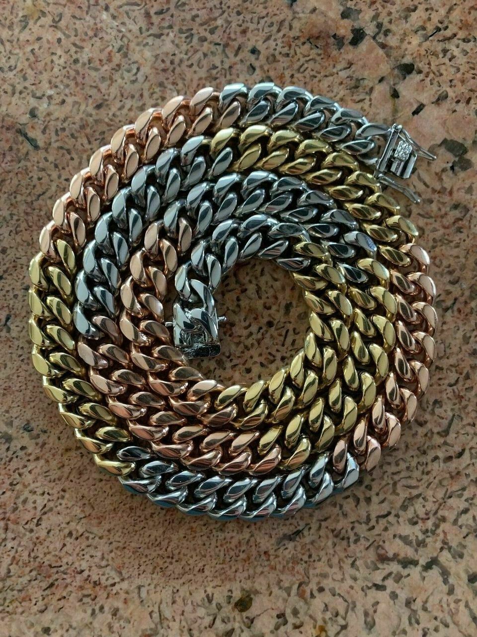 12mm Men’s Miami Cuban Link Chain 3 Tri Color Real Gold Plated Stainless 18-30″