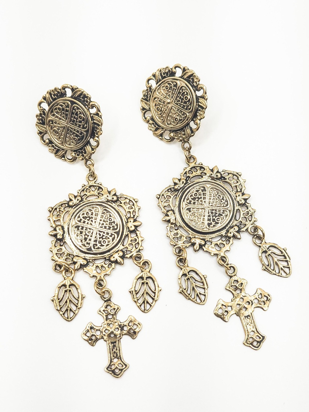 Spanish Revival Cross Earrings Gold Tone Filigree Dangle Victorian Statement