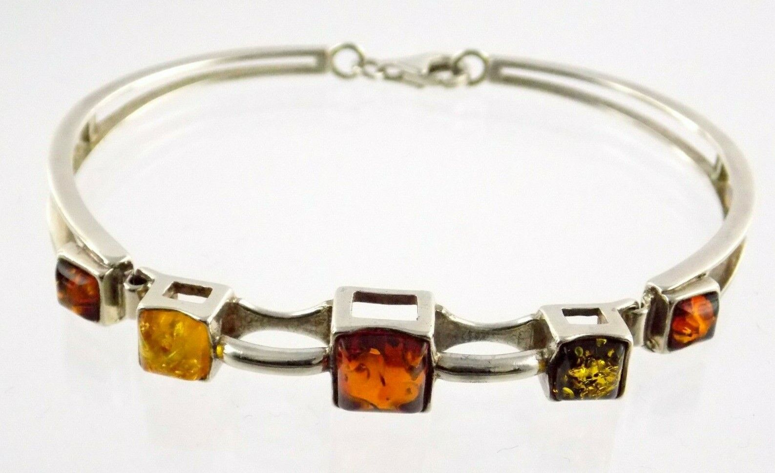 Sterling Silver Multi Color Amber Bangle Bracelet 925 7.75 In 13g Orange Green