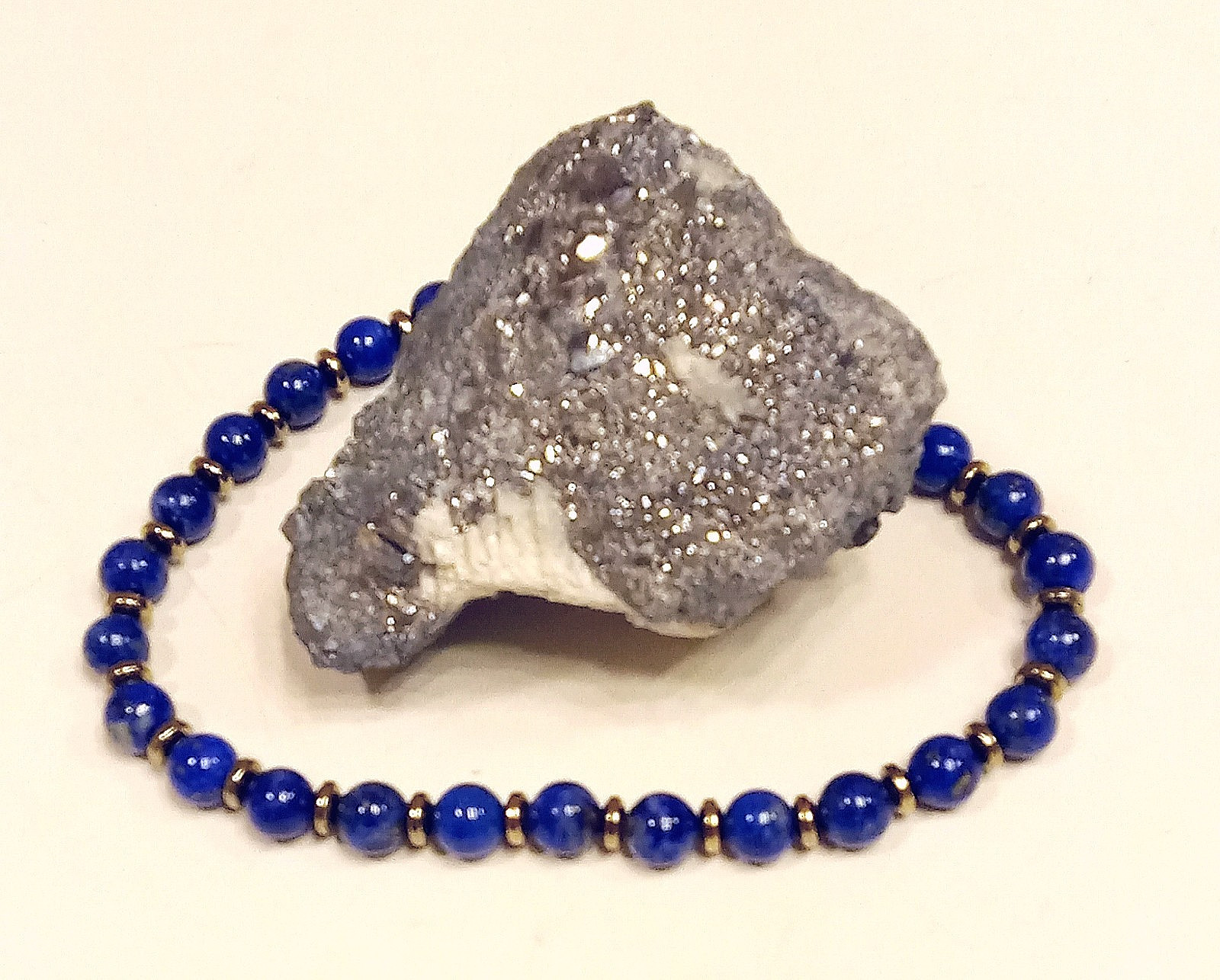 Ladies 6 mm LAPIS & Gold Disc Bracelet 14K GOLD Clasp Knotted CUSTOM LENGTH