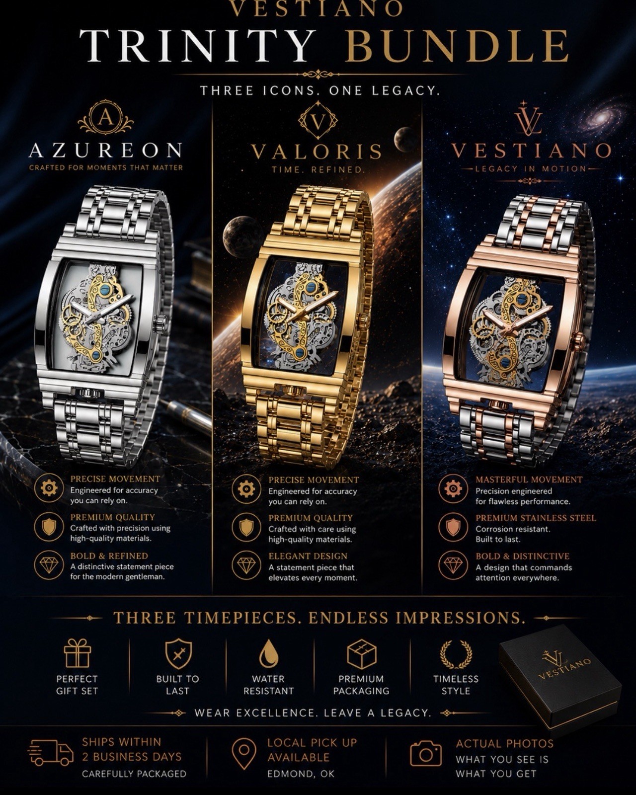 Vestiano Trinity Bundle – 3 Luxury Stainless Steel Watches | Silver, Gold & Rose