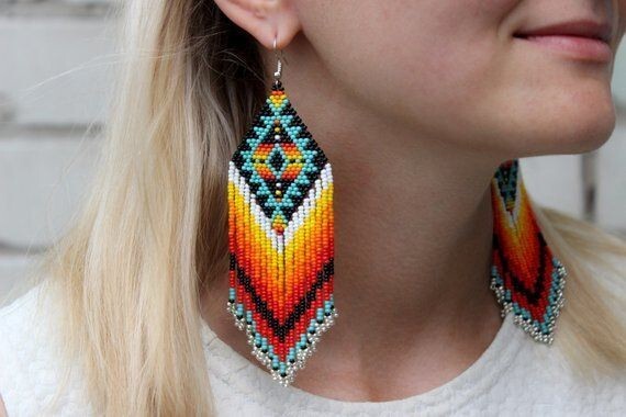 Tribal Earrings Native Large Boho American Seed Beads Handmade Earring