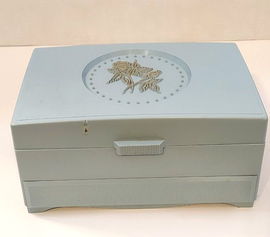 Rare Vintage 1960s Plastic Jewelry Box, blue Interior, gold Roses on Top